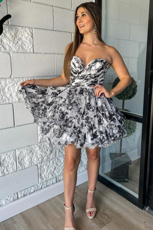 Blue Print Sweetheart Ruffle Homecoming Dress
