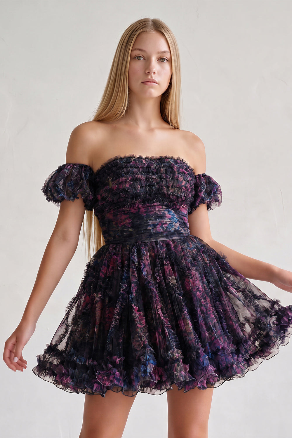 Black Puff Sleeves Ruffles A-line Prints Homecoming Dress (2) | KISSPROM