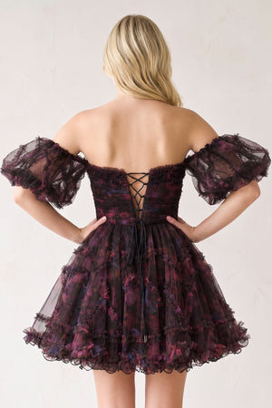 Black Puff Sleeves Ruffles A-line Prints Homecoming Dress (2) | KISSPROM