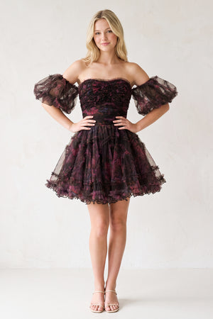 Black Puff Sleeves Ruffles A-line Prints Homecoming Dress (3) | KISSPROM