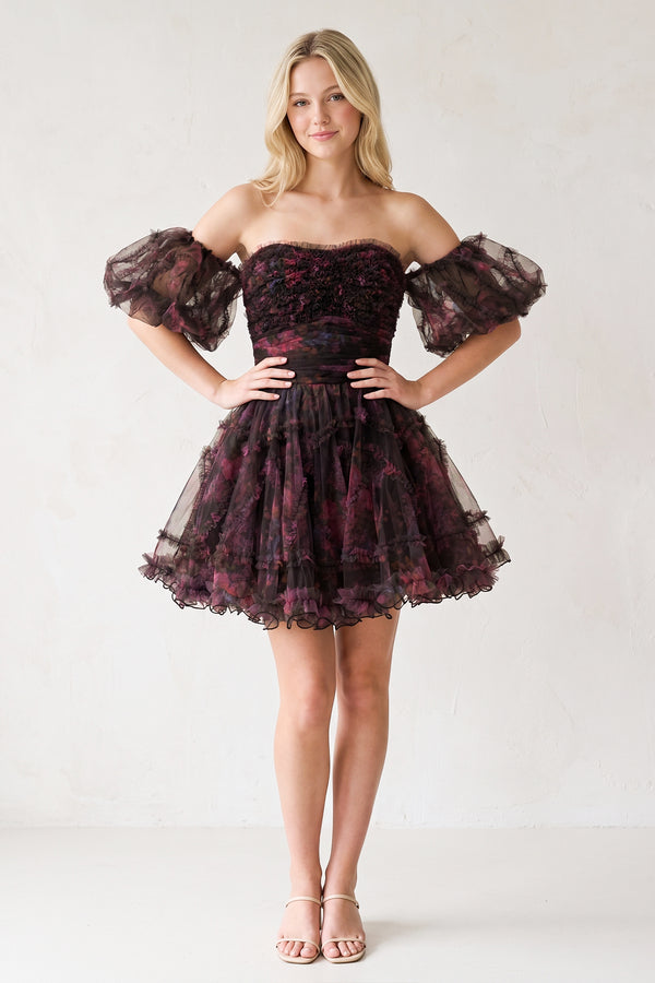 Black Puff Sleeves Ruffles A-line Prints Homecoming Dress (3) | KISSPROM