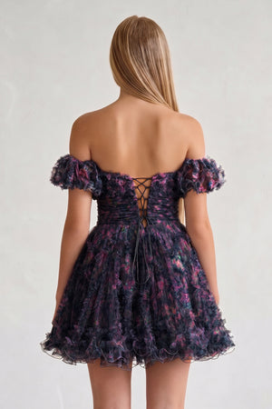 Black Puff Sleeves Ruffles A-line Prints Homecoming Dress | KISSPROM
