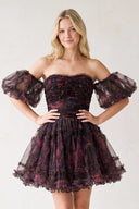 Black Puff Sleeves Ruffles A-line Prints Homecoming Dress | KISSPROM