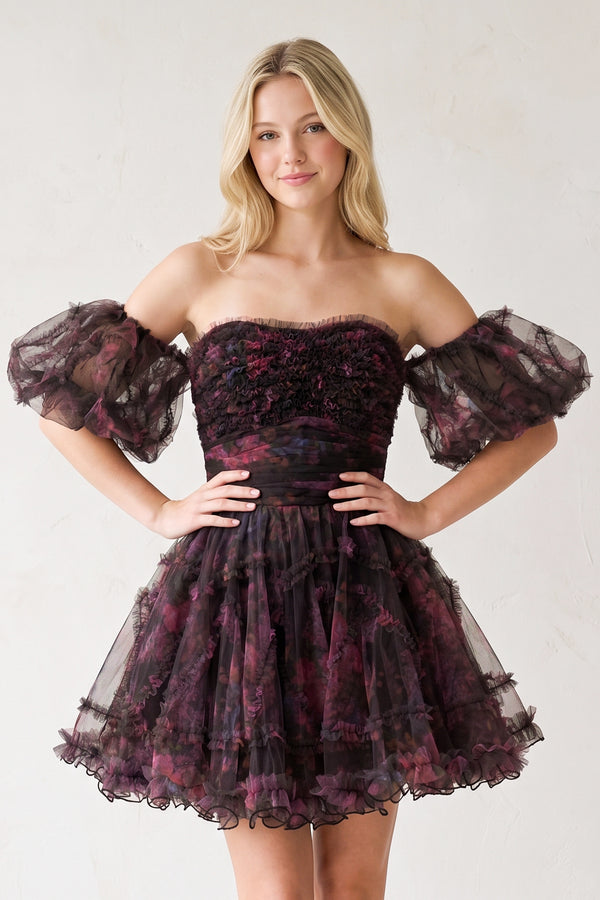 Black Puff Sleeves Ruffles A-line Prints Homecoming Dress | KISSPROM