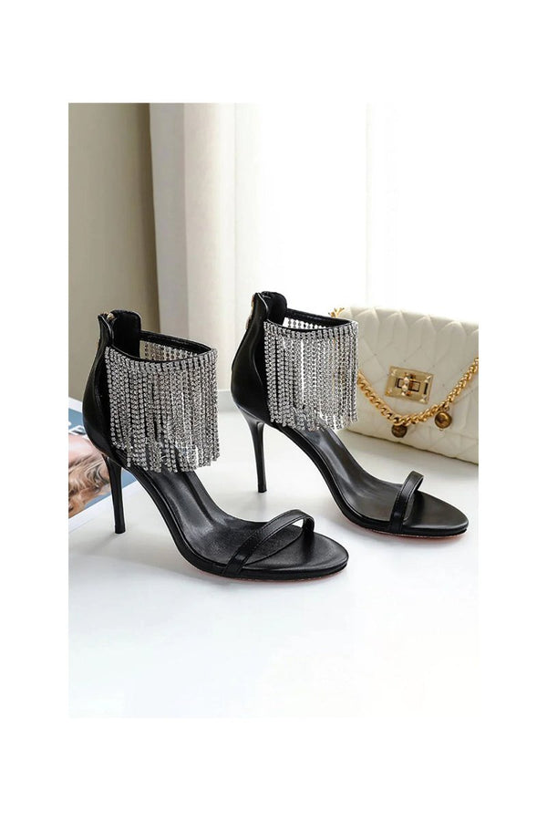 Black Rhinestone Thick High Heels - KissProm