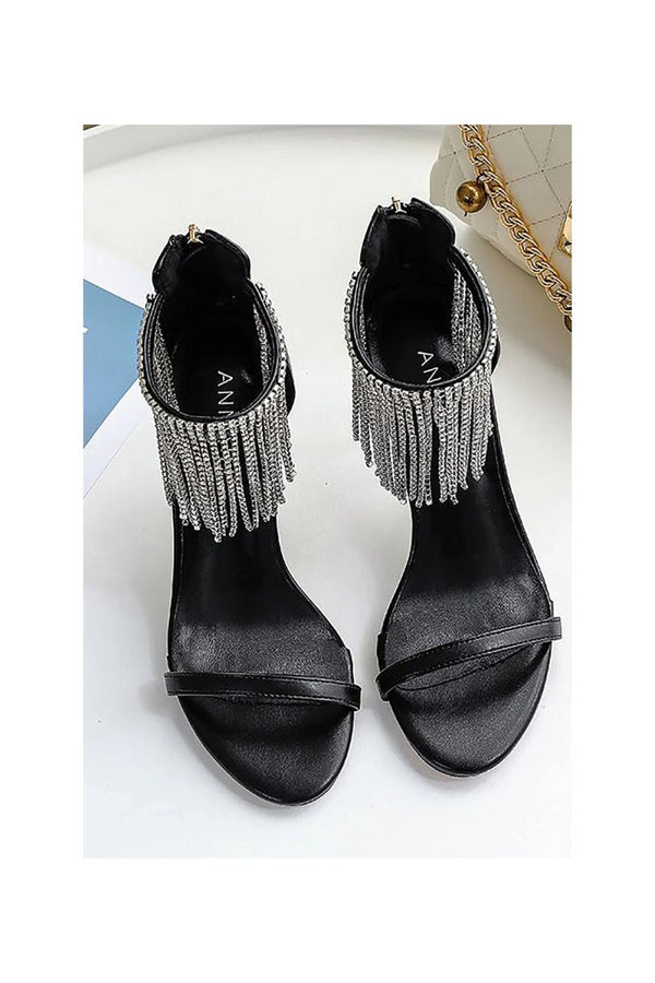 Black Rhinestone Thick High Heels - KissProm