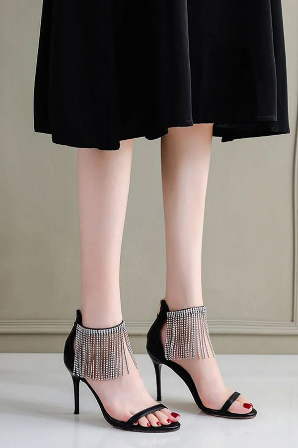 Black Rhinestone Thick High Heels - KissProm