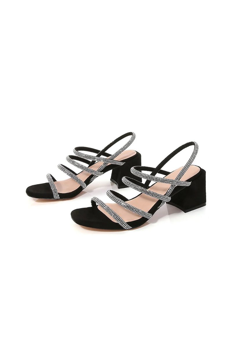 Black Rhinestones Strappy Chunky Heels - KissProm