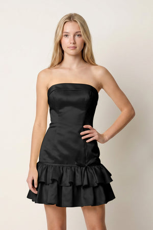 Black Ruffled Strapless Tiered A-Line Satin Homecoming Dress -KISSPROM