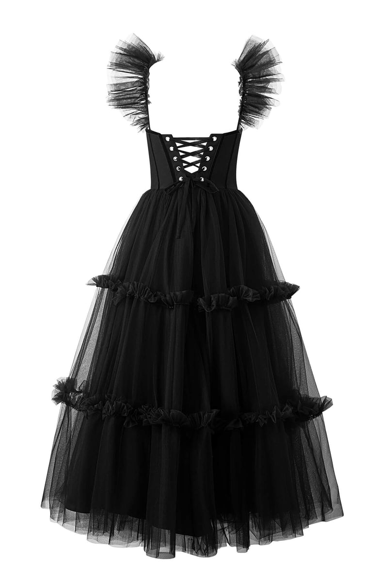 Black Ruffled Tulle Midi Dress | KissProm