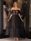 A-Line Corset Ruffled Tulle Prom Dress - KissProm