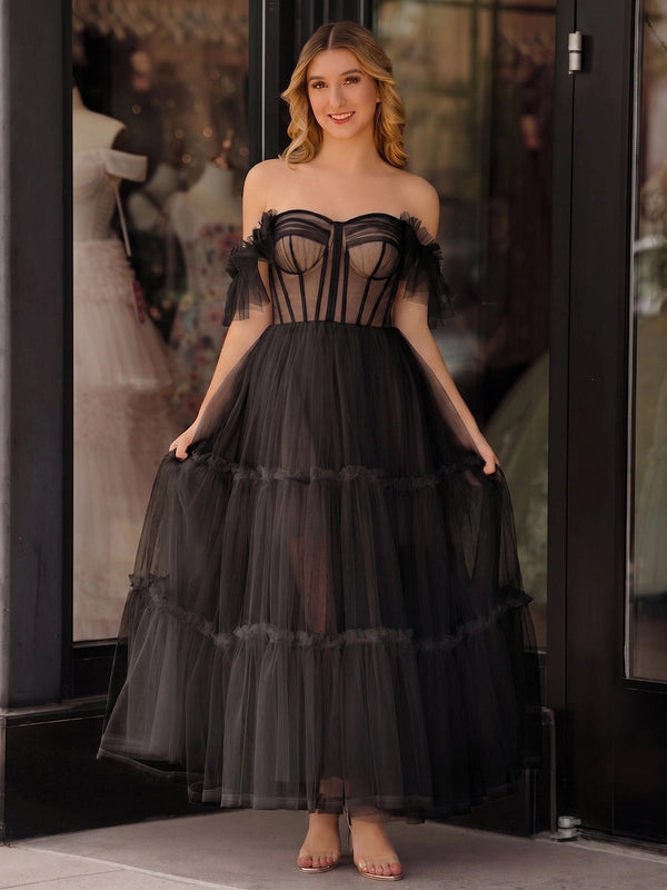 A-Line Corset Ruffled Tulle Prom Dress - KissProm
