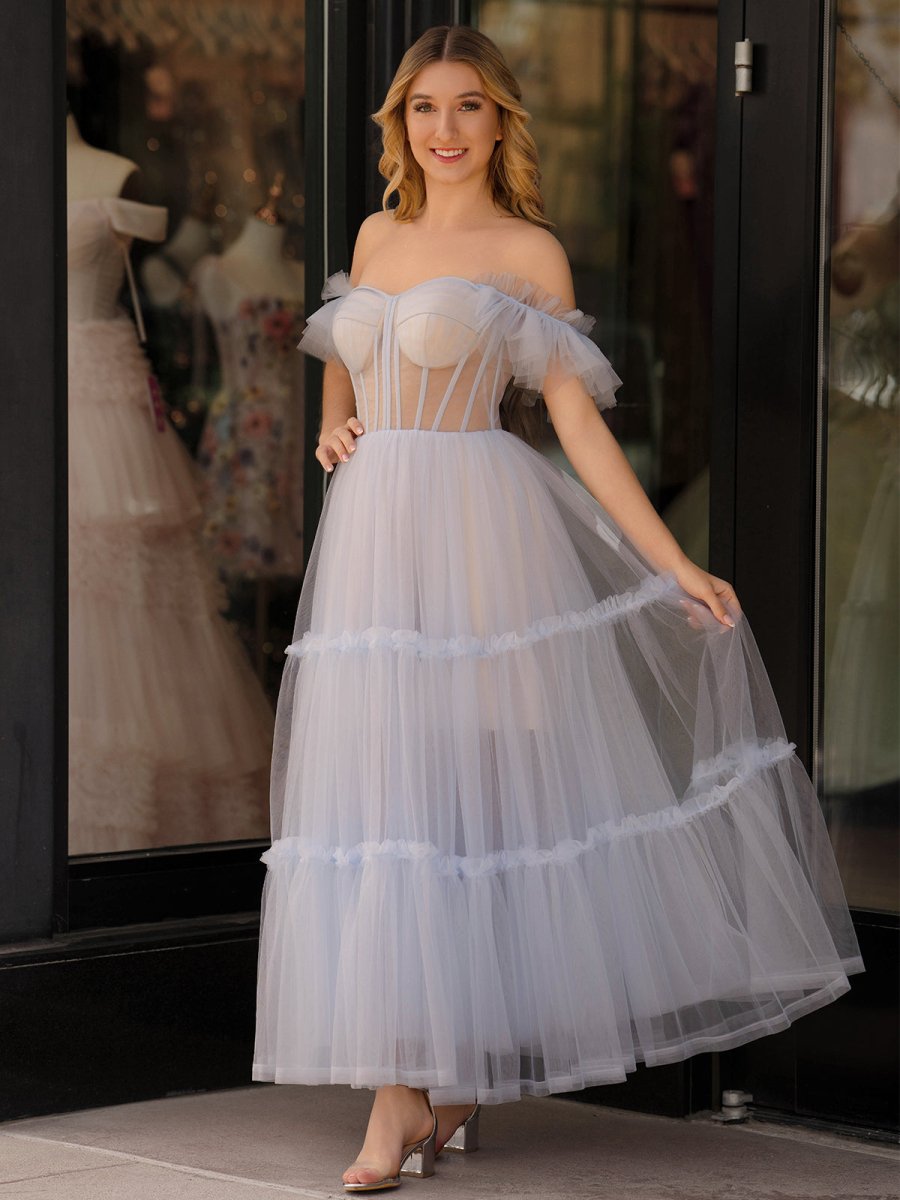 Black Ruffled Tulle Midi Dress