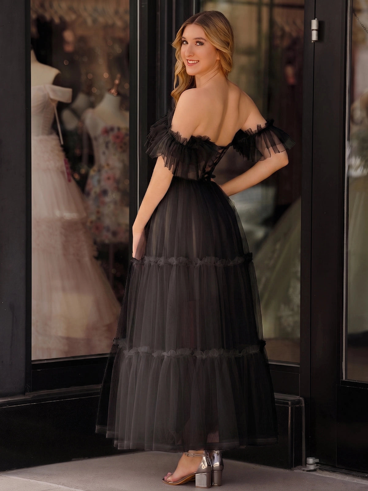 KissProm A-Line Corset Ruffled Tulle Prom Dress, Black / 8