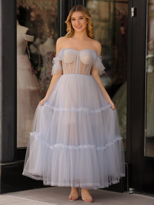 Black Ruffled Tulle Midi Dress