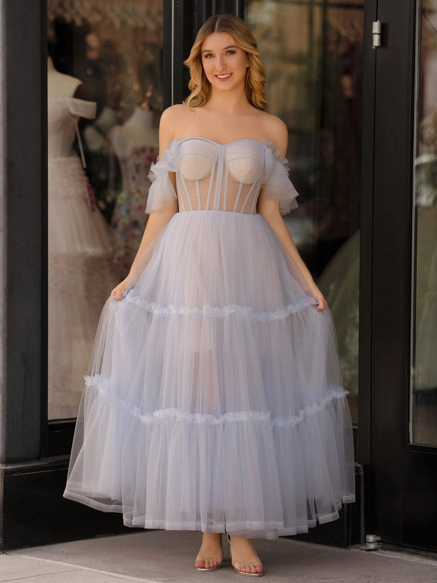KissProm A-Line Corset Ruffled Tulle Prom Dress, Black / 8