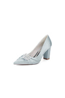 Black Satin High Heels with a Crystal Flower Accent - KissProm