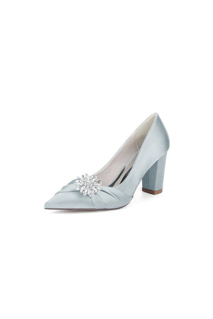 Black Satin High Heels with a Crystal Flower Accent - KissProm