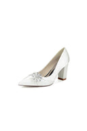 Black Satin High Heels with a Crystal Flower Accent - KissProm