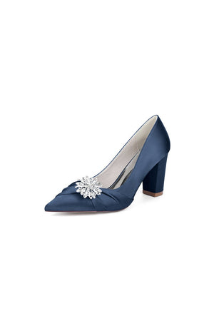 Black Satin High Heels with a Crystal Flower Accent - KissProm