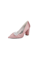 Black Satin High Heels with a Crystal Flower Accent - KissProm