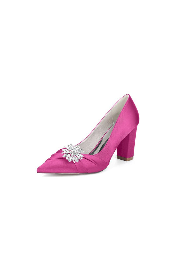 Black Satin High Heels with a Crystal Flower Accent - KissProm