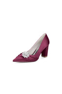 Black Satin High Heels with a Crystal Flower Accent - KissProm