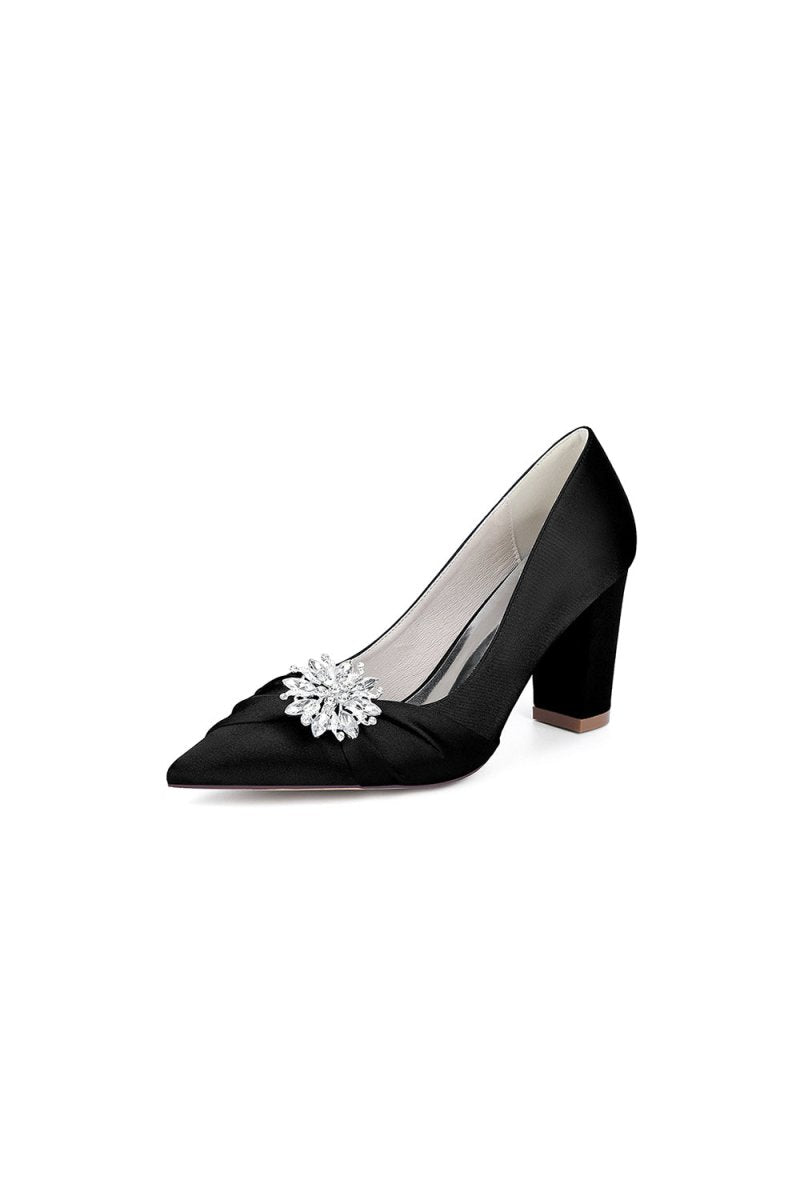 Black Satin High Heels with a Crystal Flower Accent - KissProm
