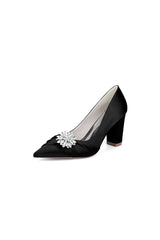Black Satin High Heels with a Crystal Flower Accent - KissProm