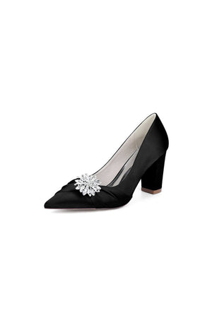Black Satin High Heels with a Crystal Flower Accent - KissProm