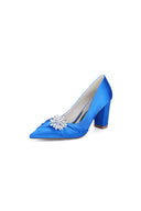 Black Satin High Heels with a Crystal Flower Accent - KissProm