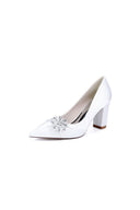 Black Satin High Heels with a Crystal Flower Accent - KissProm