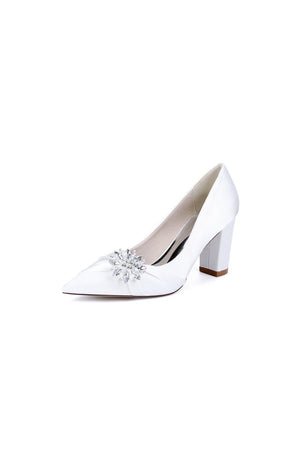 Black Satin High Heels with a Crystal Flower Accent - KissProm