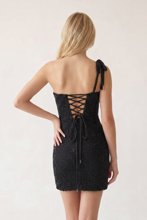 Black Scoop Neck Bodycon Beaded Mini Party Dresses With Bow (2) | KISSPROM