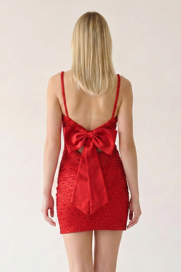 Red Scoop Neck Sheath Satin Beaded Homecoming Dress – Homecoming Dress by KissProm | Available at KissProm