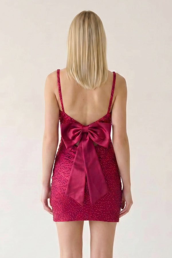 Burgundy Scoop Neck Sheath Satin Beaded Homecoming Dress – Homecoming Dress by KissProm | Available at KissProm