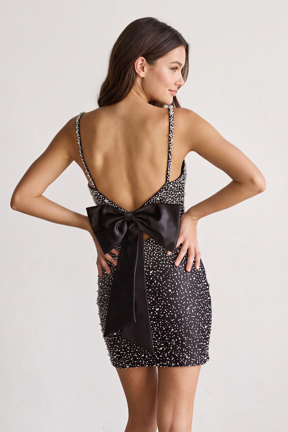 Black Scoop Neck Sheath Satin Beaded Homecoming Dress - KISSPROM