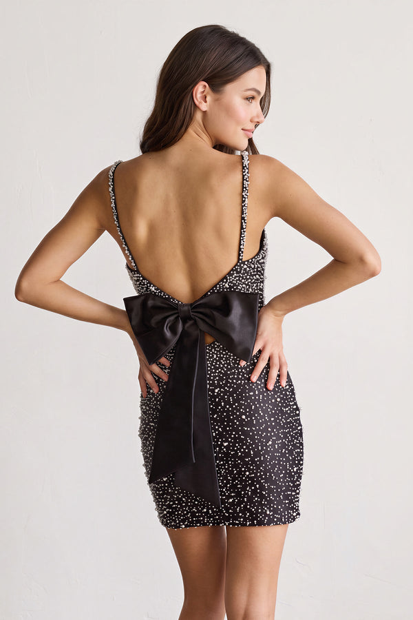 Black Scoop Neck Sheath Satin Beaded Homecoming Dress - KISSPROM