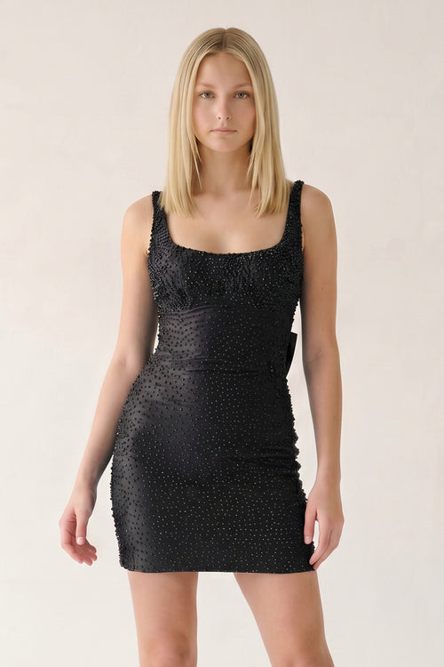 Black Scoop Neck Sheath Satin Beaded Homecoming Dress - KISSPROM