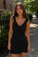 Black Scoop Neck Sheath Satin Ruffles Short Homecoming Dress | KISSPROM