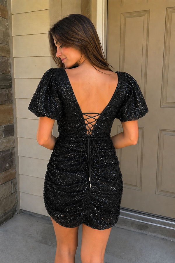 Black Sequin V-Neck Sheath Short Sleeve Mini Party Dresses - KissProm 