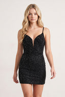 Black Sexy Fitted V-Neck Spaghetti Straps Fully Beaded Homecoming Dress | KISSPROM