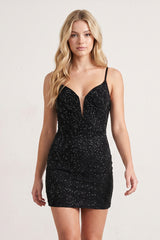 Black Sexy Fitted V-Neck Spaghetti Straps Fully Beaded Homecoming Dress | KISSPROM