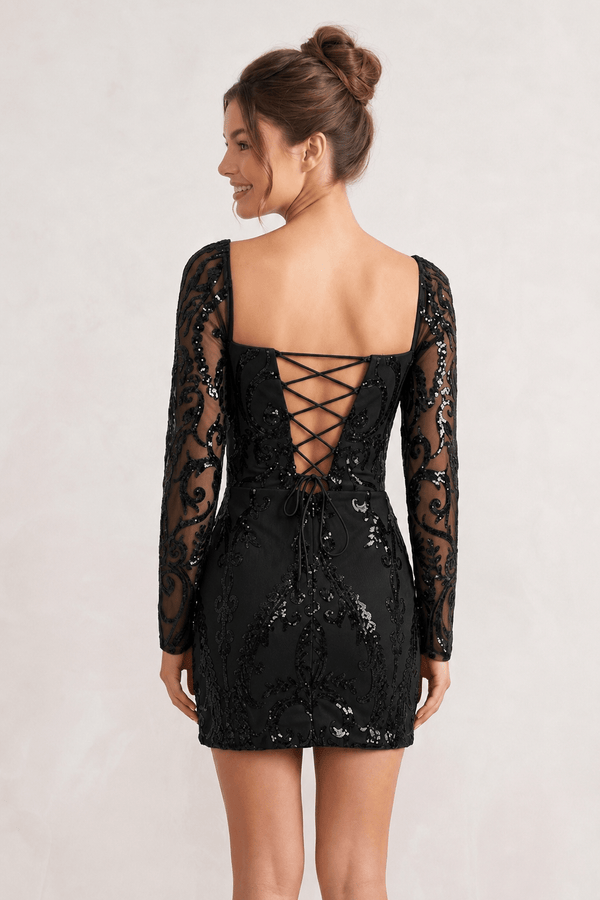 Black Sheath Long Sleeves Sequins Mini Party Dress (2) | KISSPROM