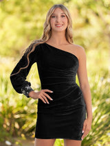 Black Sheath One-Shoulder Velvet Mini Party Dress | KISSPROM