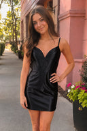 Black Sheath Satin Spaghetti Straps Mini Party Dress | KISSPROM