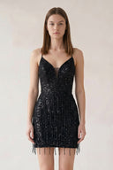 Black Sheath Sequins Spaghetti Straps Mini Party Dress with Tassel | KISSPROM