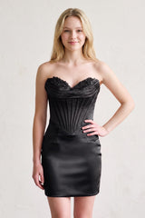 Black Sheath Sweetheart Corset Mini Party Dress with Appliques | KISSPROM