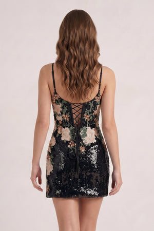 Black Sheath V Neck Sequined Flower Appliques Mini Homecoming Dresses (2) | KISSPROM