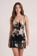 Black Sheath V Neck Sequined Flower Appliques Mini Homecoming Dresses | KISSPROM